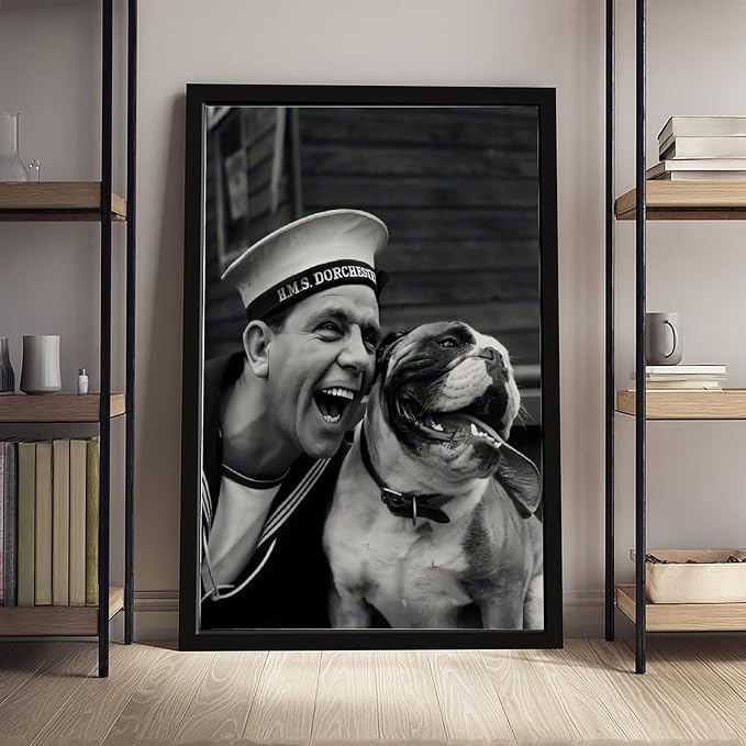 Sailor And Bulldog Smiling, Vintage English Black And White , Funny Dog Poster Canvas Poster Wall Art Decor Print Picture Paintings for Living Room Bedroom Decoration Black Frame 12x18in(30x45cm) - Image 4