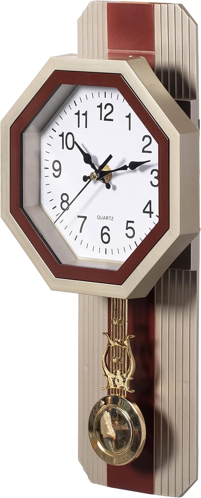 Clockswise Traditional Beige Round Wood- Looking Pendulum Plastic Wall Clock for Living Room, Kitchen, or Dining Room - Image 3