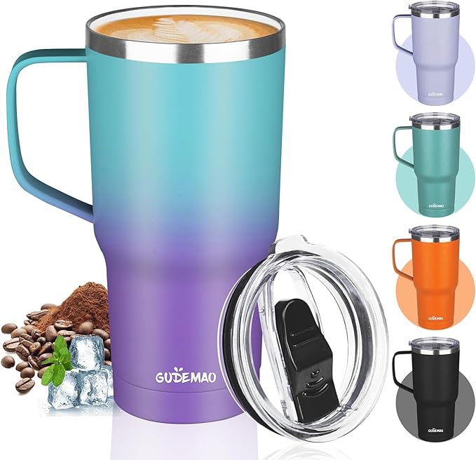 20 oz Insulated Coffee Mug with Ceramic Coating, Stainless Steel Travel Mug Tumbler with Handle Lid and Straw, Double Wall Leak-Proof Coffee Travel Mug Keeps Drink Hot and Cold (Azure Purple) by GUDEMAO
