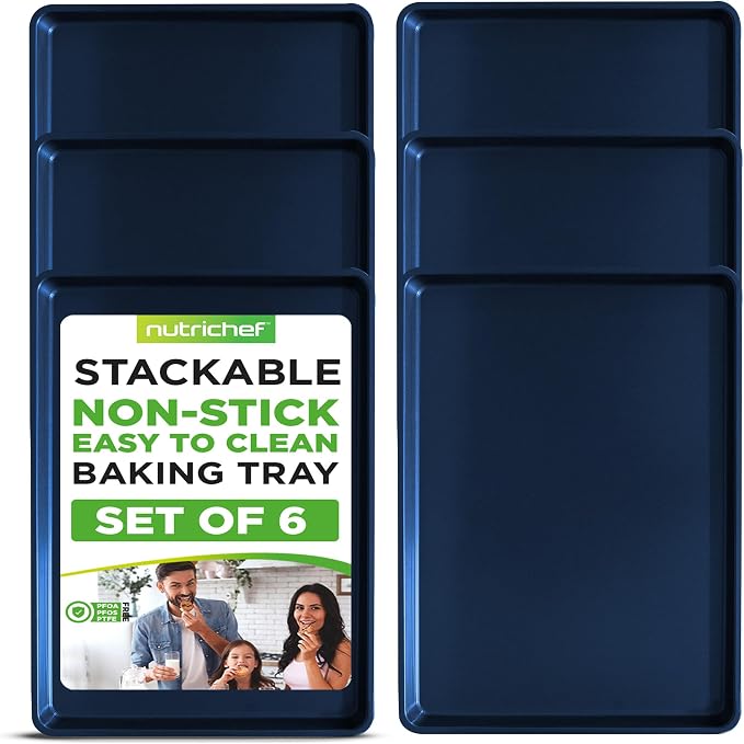 NutriChef Non-Stick XL Cookie Sheet Set, 6-Pack Premium Extra Large Carbon Steel Baking Trays for Cookies, Jelly Rolls, Pastries and More - Blue Diamond, 22" x 16" by NutriChef%E2%84%A2Kitchen