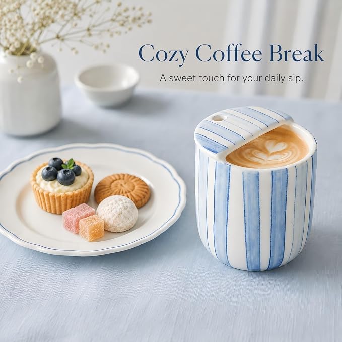 Ceramic Mug with Sip Hole 10 oz Novelty Blue Striped Ceramic Ice Coffee Mug Hand Painted Travel Mugs Heat Resistant Non Slip Built in One Lid Mugs for Coffee Lovers Appreciation Gift - Image 5