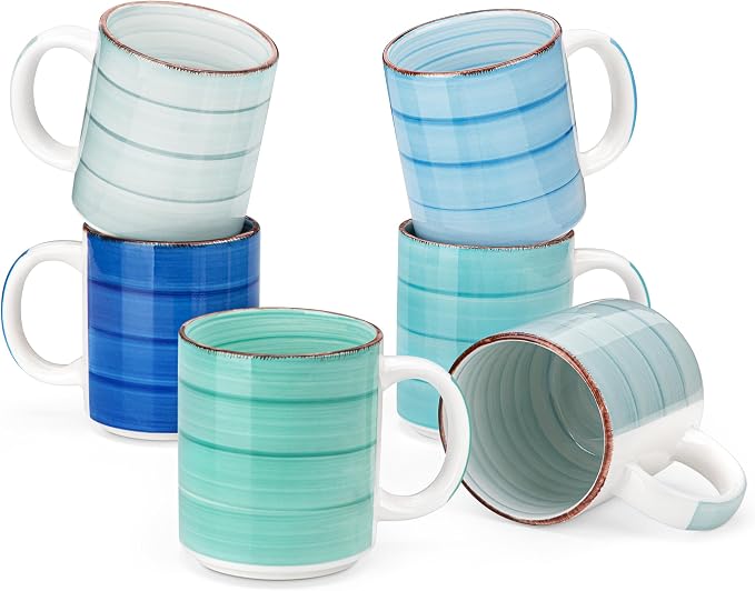 vancasso Bonita Ceramic Coffee Mug Set of 6,16 Oz Coffee Cups with Large Handle for Tea,Latte,Cappuccino,Milk,Cocoa,Dishwasher&Microwave Safe(Blue) by vancasso