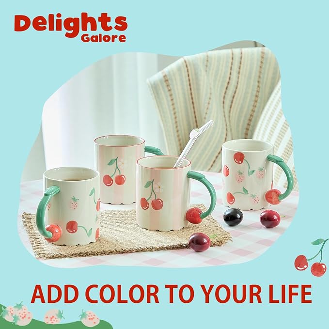 15oz Hand Painted Mug with 3D Cherry Handle - Strawberry & Cherry Pattern. Lead-Free, Microwave/Dishwasher Safe. Aesthetic Coffee Tea Cup Gift for Women & Girls-2pack - Image 6