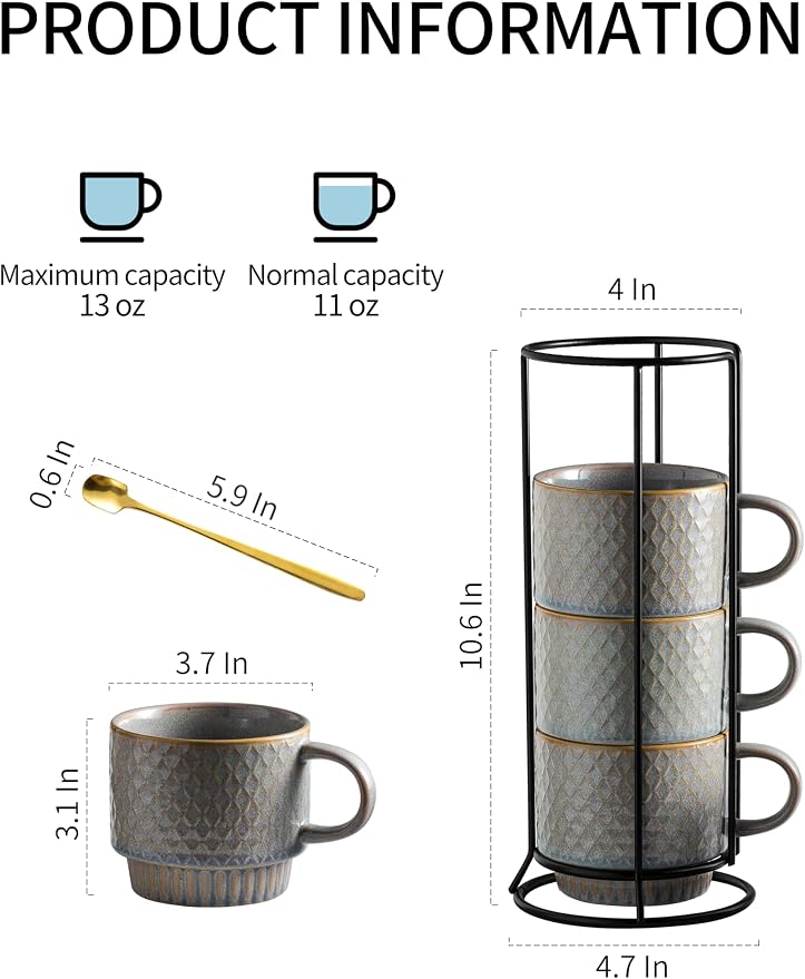 Gomakren Stackable Coffee Mugs Set of 4 Coffee Cups with Stand, Light Gray | 13oz Ceramic Embossed Grid Mugs, Black Metal Storage Rack, Lead-Free Dishwasher Safe, with Gold Spoons for Home Coffee Bar - Image 4