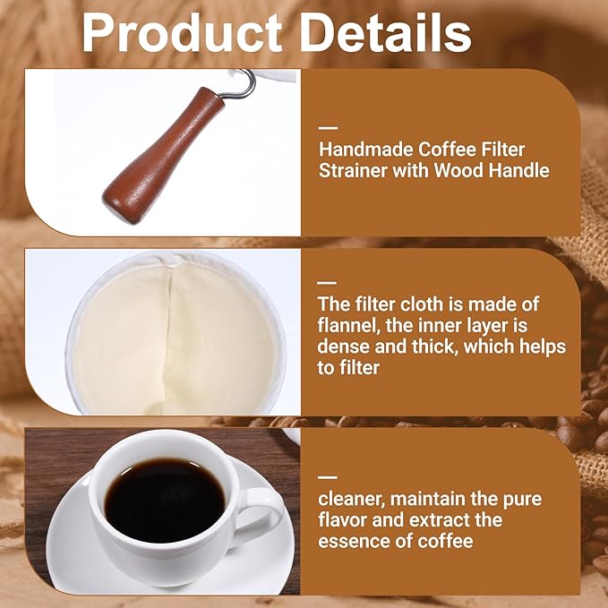 3PCS Coffee Sock Strainer with Wooden Handle, Washable Cloth Coffee Filter, Reusable Coffees Sock Filter for Coffees Shop Home Office Handmade