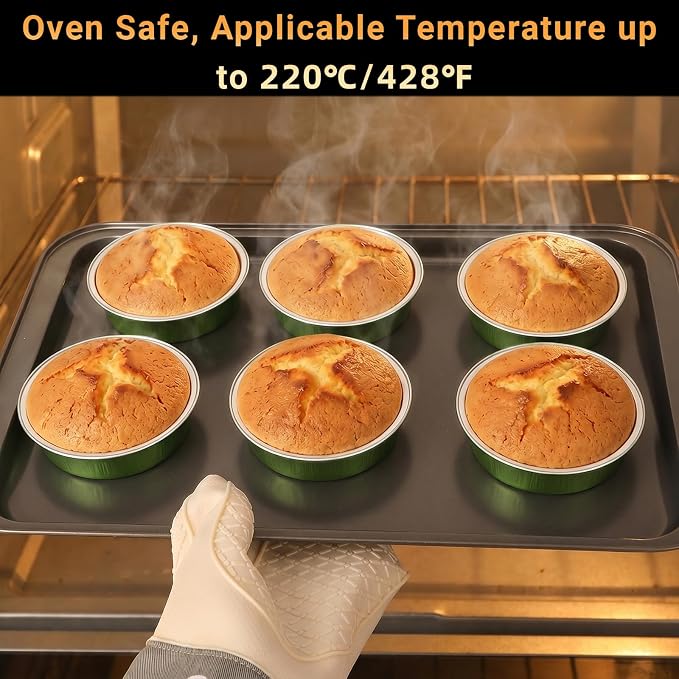 Beasea 20 Pack Mini Tart Pans with Lids, 7.3oz Avocado Green Disposable Aluminum Foil Baking Tins Cups, 4" Round Pie Container for Individual Cupcake Dessert Muffin Cheesecake Quiche Fruit Tart - Image 4
