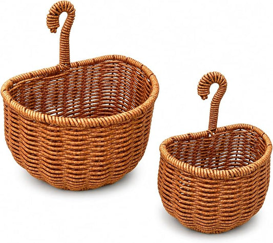 2 Pack Hanging Wall Storage Basket, Woven Rattan Organizer，WARM ORANGE | Rustic Hand woven wall organizer with hook for kitchen, bathroom and entryway storage, Space-saving decor for modern homes by Unknown