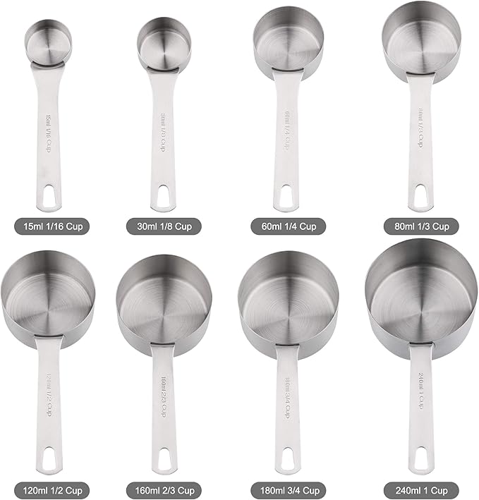 Measuring Cups Set, 18/8 (304) Stainless Steel Measuring Cups Set 9, Metal 8 Measuring Cups with 1 Magnetic Conversion Chart, Metric Measuring Cups with 1/8 & 3/4 Cup for Baking & Kitchen
