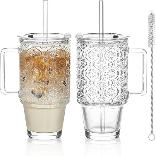 KEMORELA 24 Oz Ribbed Glass Tumblers with Lids and Straws, Tumbler Cup with Handle, Iced Coffee Glassware, Clear Reusable Drinkware for Smoothies and Beverages