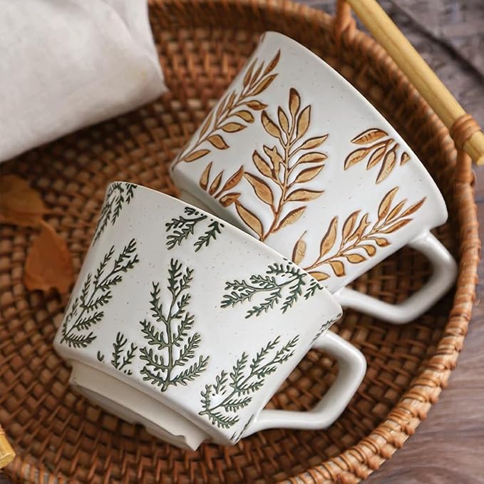 Ceramic Mug Set of 4, 11oz - Vintage Mug Cups for Coffee Milk Latte Cappuccino Tea, Porcelain Coffee Cups Set Gifts for Women Man, Farmhouse Handmade Stoneware Cups Dishwasher Microwave Safe - Image 6