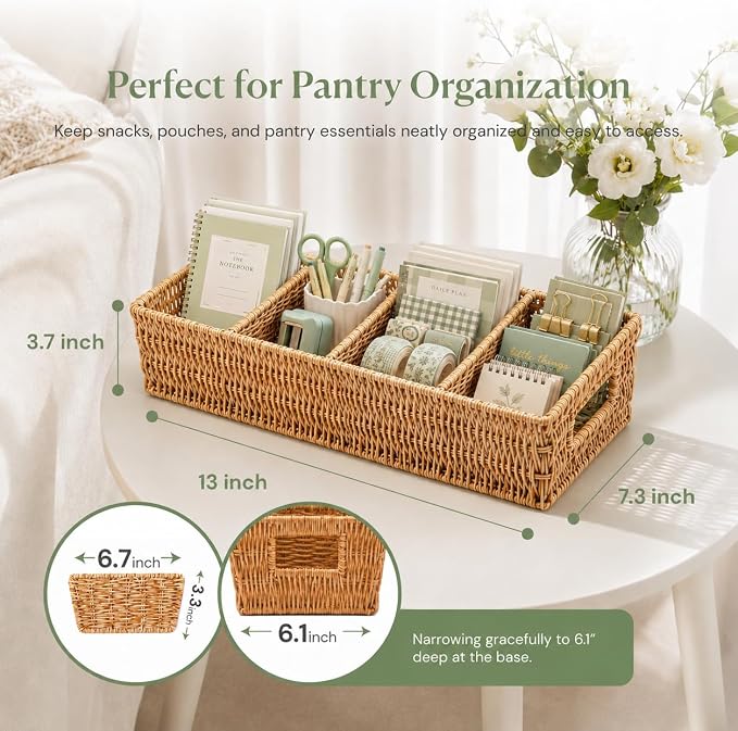 Nature-Inspired Rattan Pantry Organizer Baskets Set of 2 with 3 Removable Dividers – Handwoven Storage Bins for Kitchen or Bathroom Organization, Ideal for Snacks, Coffee & Tea (13” x 7.3” x 3.7”) - Image 2