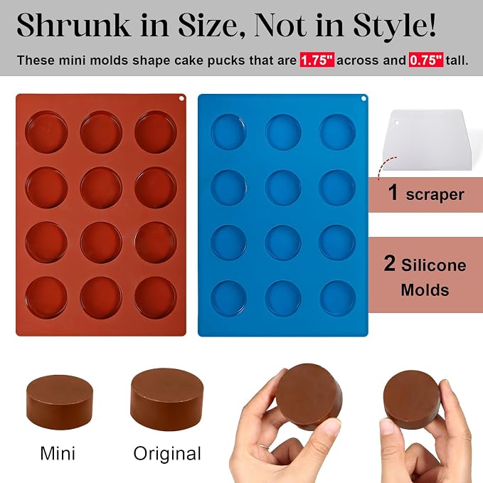 Webake Mini Size Cake Puck Mold Set, Silicone Flat Cake Pop Molds 1.75" x 0.75", BPA Free 4 Molds and 1 Scraper - Image 2