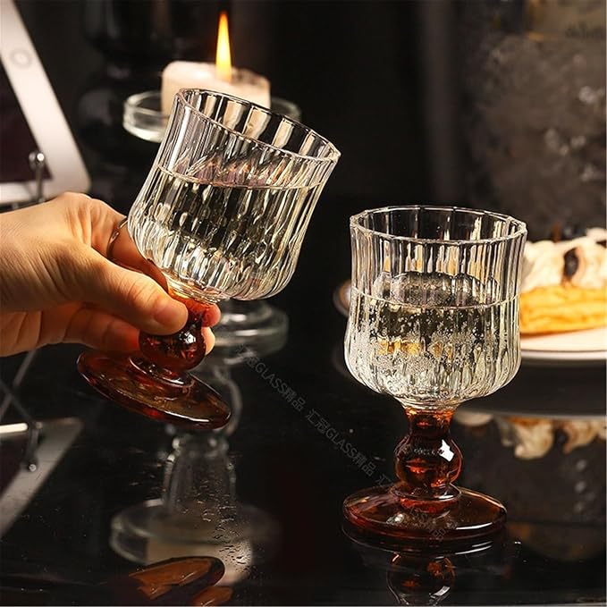 Tea Cup 6 oz Amber Footed Drinking Glasses Embossed Glassware for Cocktails - Image 5