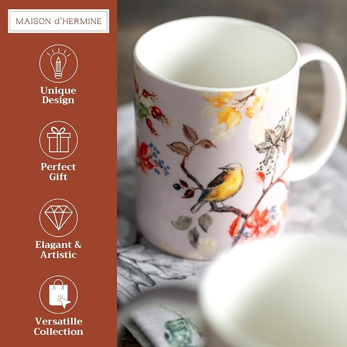Maison d' Hermine Coffee Mug with Handles Tea Cups (12 Ounce, Pack of 2) | Fine Bone China Coffee Mugs for Hot Beverages Cappuccino Latte Home Restaurant Hotel Spring Summer -Equinoxe - Grey - Image 2