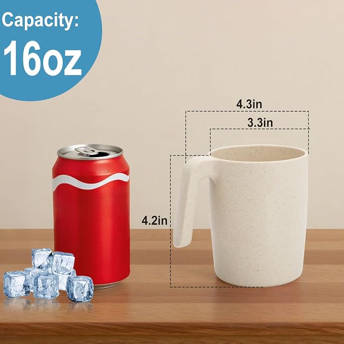 Coffee Mugs Set of 6, Wheat Straw Cups 16 oz, Resuable Plastic Coffee Cups With Handle, Unbreakable & Stackable Kitchen Cup, Microwave safe Drinking Glasses for Tea, Juice and Water - Beige - Image 4