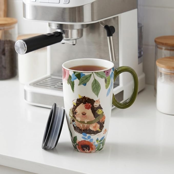 Ceramic Travel Mug with Lid - Tall Coffee Mugs with Handle, Porcelain Coffee & Tea Cup, Cute Hedgehog Design, Christmas Birthday Gifts for Women Man 20oz - Image 3