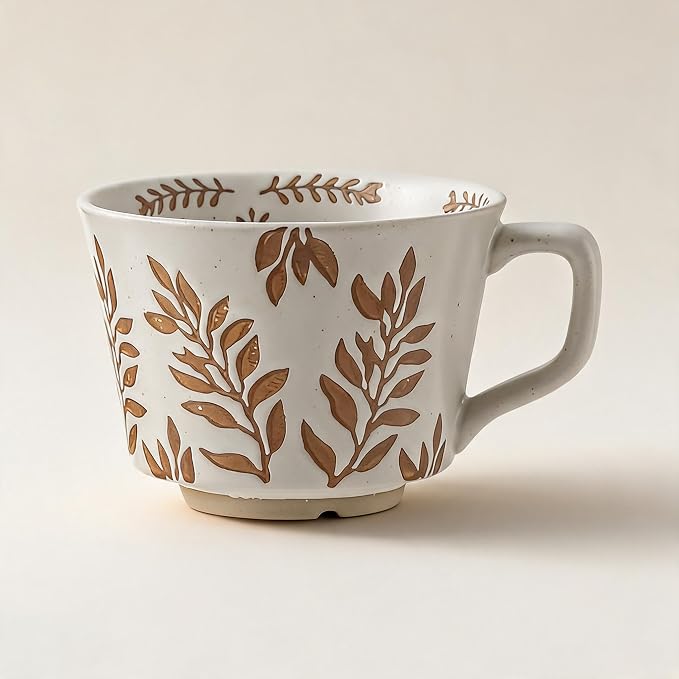 4 Pack 12oz Embossed Leaf Ceramic Coffee Mugs, Vintage Speckled Stoneware Tea Cups, Rustic Brown Spring Leaf Large Drinking Mugs, Microwave & Dishwasher Safe, Farmhouse Kitchen Decor, Gift Set - Image 5