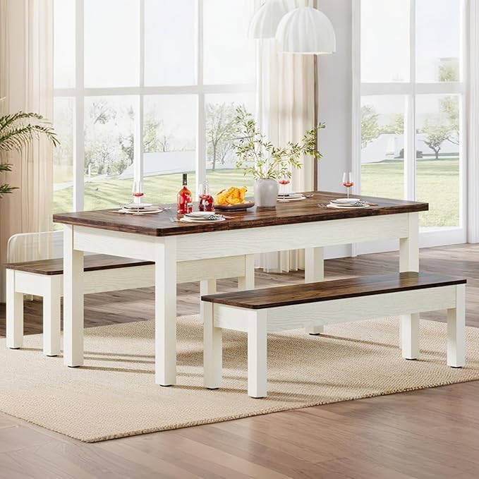 Tribesigns Farmhouse Kitchen Table Set for 4-6, 55-Inch Wooden Dining Table with 2 Benches, Space Saving 3 Pieces Heavy Duty Dinette for Dining Room, Kitchen, Small Space - Image 4
