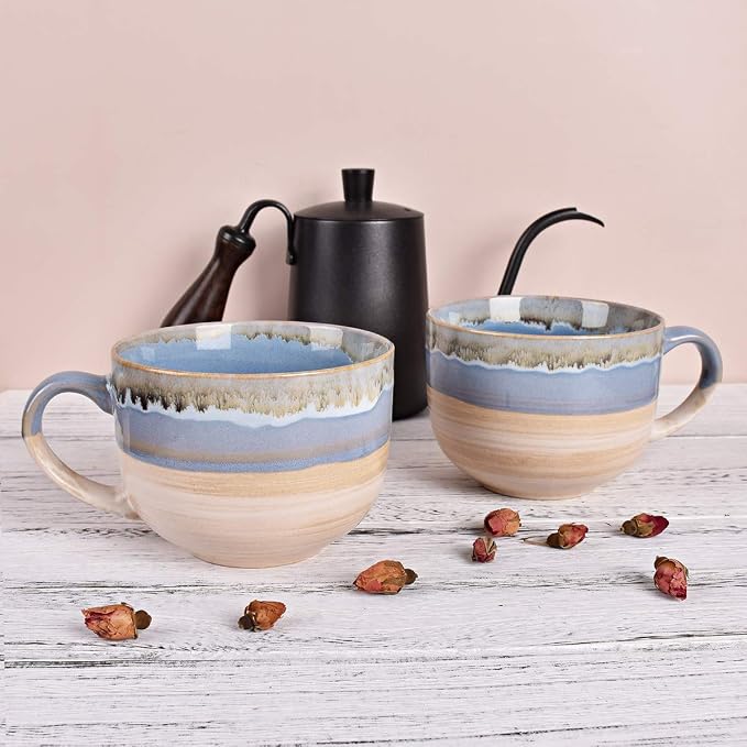 Bosmarlin Large Ceramic Coffee Mug Set of 2, Stoneware Jumbo Latte Mugs for Office and Home, 16 Oz, Dishwasher and Microwave Safe(Blue, 2) - Image 4