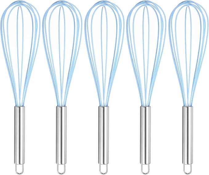 HARFINGTON 5Pcs Silicone Whisk 12" Kitchen Whisk Wire Whisks Beater with Stainless Steel Handle for Egg Milk Whisking Blending Beating & Stirring, Blue