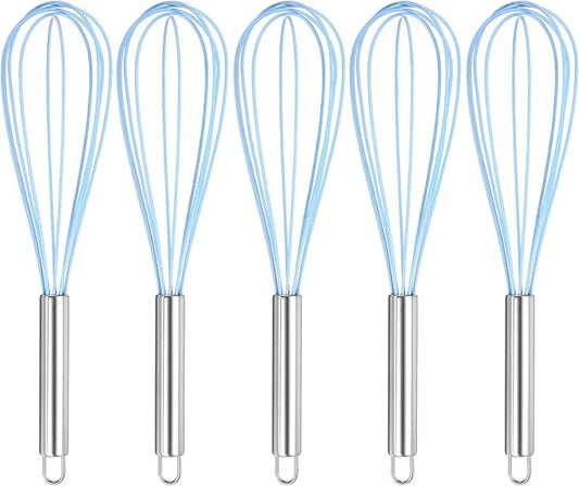 HARFINGTON 5Pcs Silicone Whisk 12" Kitchen Whisk Wire Whisks Beater with Stainless Steel Handle for Egg Milk Whisking Blending Beating & Stirring, Blue