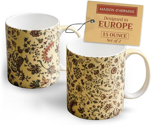 Maison d' Hermine Coffee Mug with Handles Tea Cups (15 Ounce, Pack of 2) | Fine Bone China Coffee Mugs for Hot Beverages Cappuccino Latte Home Restaurant Hotel Spring Summer -Lakshmi by MaisondHermine