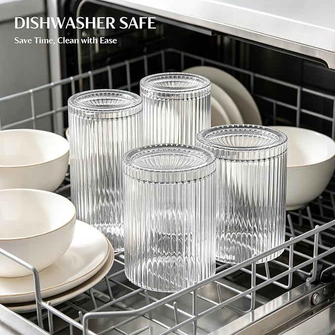 INSETLAN Set of 8 Vintage Glassware - 4 Highball Glasses 12 oz, 4 Rocks Glass Cups 14 oz, Ribbed Glassware Cocktail Glasses, Ideal for Wine, Juice, Water, Ice Coffee Cup, Whiskey, Mixed Drinkware - Image 6
