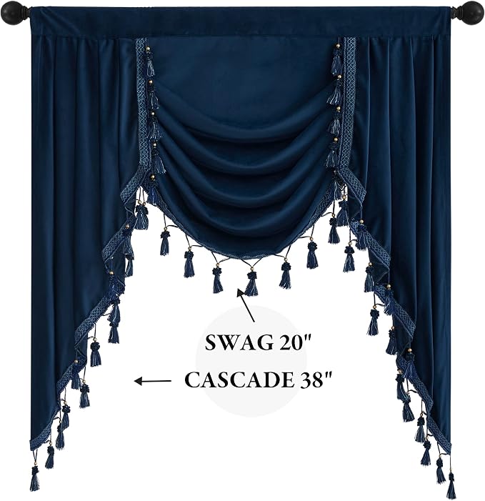 Navy Blue Velvet Waterfall Valances W39 inches, 1 Panel | Classic Valance Curtains for Bay Window, Kitchen, Victorian Match Curtains for Backdrops, Rod Pocket - Image 2