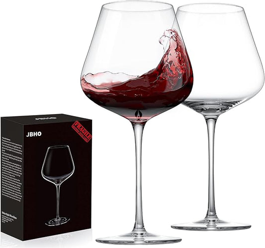 JBHO Hand Blown Italian Style Crystal Burgundy Wine Glasses - Lead-Free Premium Crystal Clear Glass - Set of 2-21 Ounce - Gift-Box for any Occasion by JBHO