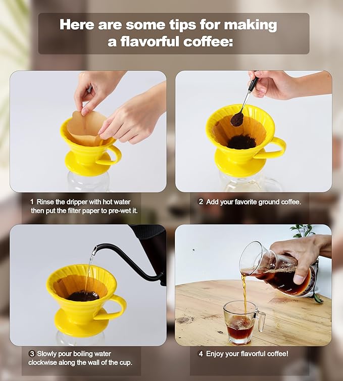 Pour Over Coffee Dripper - Ceramic Pour Over Cone, Porcelain Coffee Maker with 10Pcs Size 02 Paper Filter, Manual Brew Maker for Home, Cafe, Office - 1-4Cup, V60 Size 02 (Yellow)
