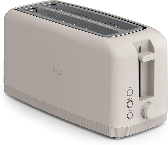 bella 4 Slice Slim Toaster, Fits-anywhere™ Kitchenware, 6 Setting Shade Control with Reheat & Cancel Buttons, Fits Sourdough, 10” Long Slot, Anti Jam & Auto Shutoff, 900 Watt, Oatmilk by bella