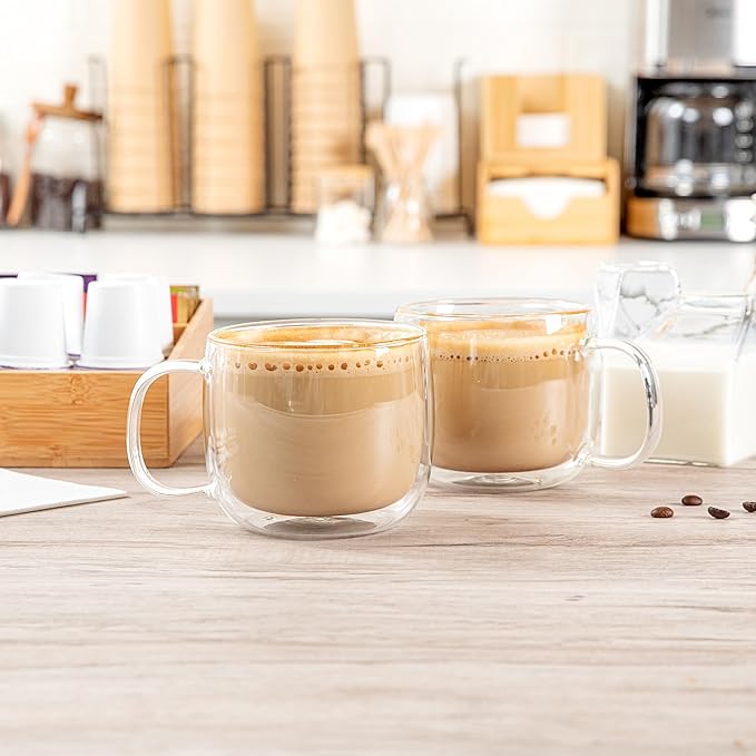 Restaurantware-Forma Professional 16.9 Ounce Double Wall Coffee Mugs, 12 Insulated Coffee Mugs With Handle - Dishwashable, Reusable, Clear Glass Beverage Cups, Freezable, For Hot Or Cold Beverages