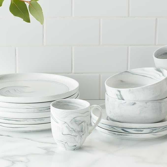 Stone Lain Porcelain 32 Piece Dinnerware Set, Cool Gray Swirl, Marble Design - Image 5