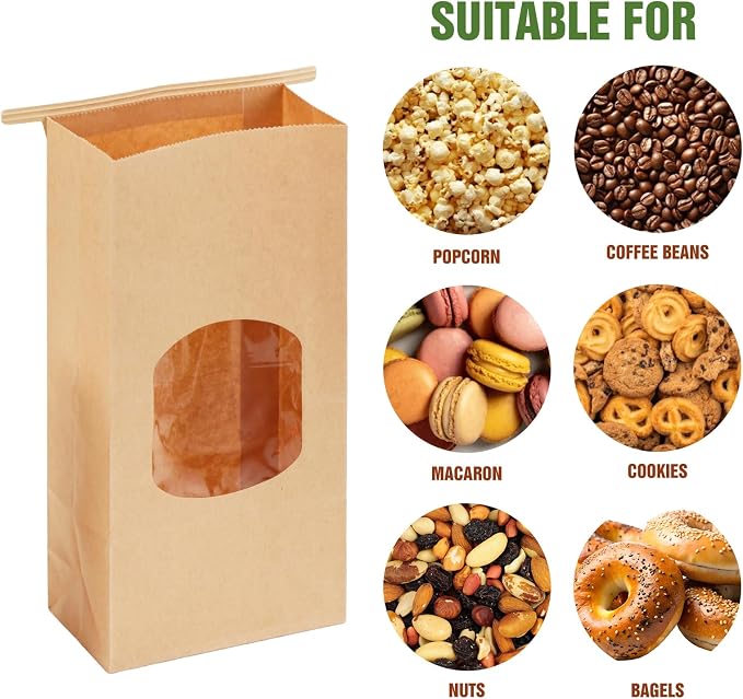 Moretoes 100pcs Medium Bakery Cookie Bags with Window, 4.5x2.36x9.6In | Brown Kraft Paper Cookie Bags with Seal, Seal by Tin Tie Tab, for Cookie Coffee Bread Pastry Bakery Gift Giving Packing - Image 2