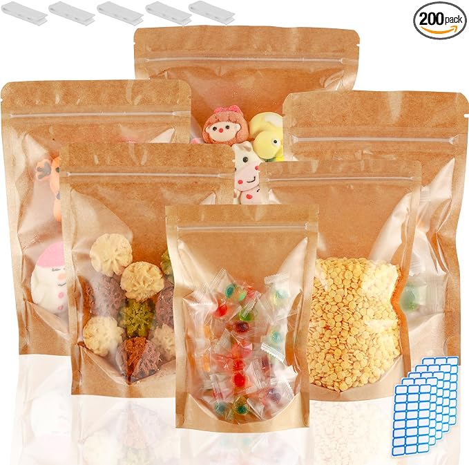 200 Pack Kraft Paper Bags with Clear Window 5x8 Reclosable Small Stand Up Mylar Bags for Food Storage Resealable Smell Proof Pouch, Edible Packaging, Reusable bags for Small Business by Circloophs