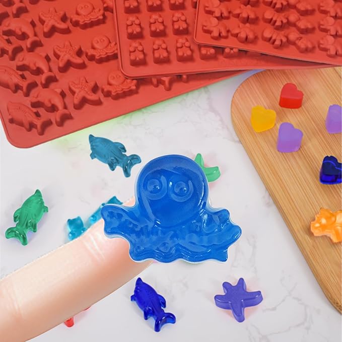 Gummy Bear Mold Silicone for Gummies Candy, 5Pcs Ocean Theme Gummy and Chocolate Molds Silicone for Kids Including Mini Bear, Dinosaur, Dolphin, Starfish, Octopus, Hearts, Donut with 2Droppers