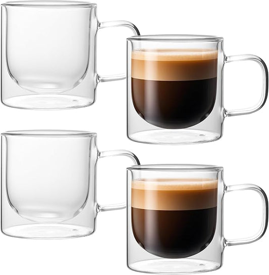 NIRA.Z 12 OZ Double Walled Glass Coffee Mugs Set of 4 Clear Coffee Cups with Handle 355ml Hand-Blown Insulated Glass Tea Cups for Hot & Cold Beverages, Cappuccino, Latte, Tea Bags, Espresso, Americano
