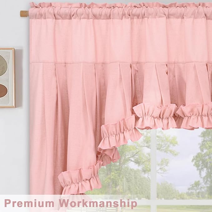 Likiyol Linen Valances for Windows Farmhouse Ruffle Swag Valance Rustic Country Window Valances Light Filtering Kitchen Curtains Rod Pocket Valance Curtains for Bathroom Cafe, Pink, 60" W x 36" L - Image 6