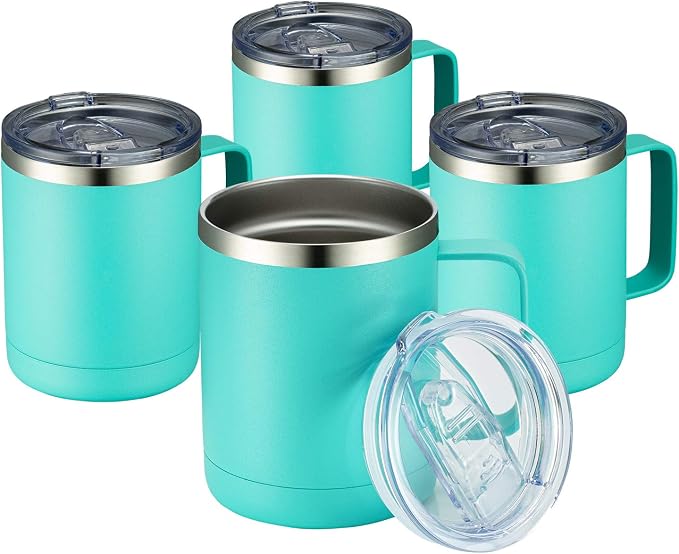 MEWAY 12oz Coffee Mug With Handle 4 Pack Bulk,Stainless Steel Insulated Travel Tumblers With Sliding Lid,Double Wall Vacuum Camping Cup for Hot & Cold Drinks Tea (Light Green,Set of 4) by MEWAY