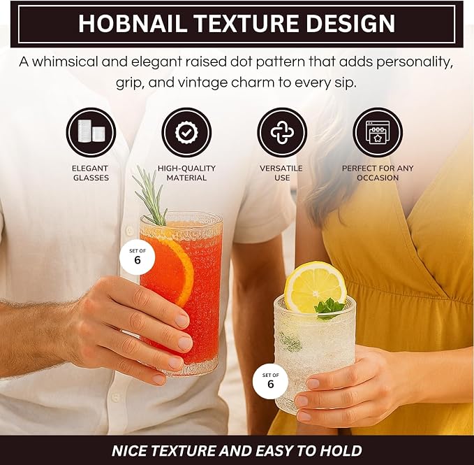 Khen Vintage Hobnail Drinking Glasses Set of 12, 13oz Highball Glasses & 10 oz Lowball Tumblers, Kitchen Water Glasses Cup, Bar Water, Juice, Cocktails Beer, Milk Indoor/Outdoor Bar & Party Drinkware - Image 4