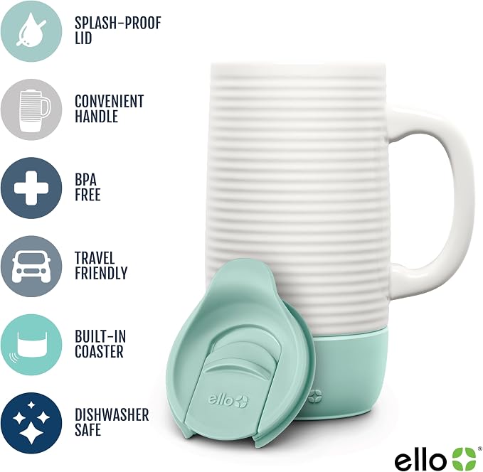 Ello Jane 18oz Ceramic Travel Mug with Handle, Splash-Resistant Slider Lid and Built-in Coaster, Perfect for Coffee and Tea, BPA Free, Dishwasher Safe, Holiday Gift Her Him, Yucca | Splash-resistant ceramic coffee tumbler with handle and silicone base.... - Image 2