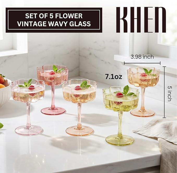 Summer Flower Scalloped Vintage Wavy Petals Wave Glass Coupes 7oz Colorful Martini, Champagne & Cocktails, 5 Set Colored Rippled Champagne Glasses, Elegant Bar Glassware, Aesthetic Coupe Glassware - Image 2
