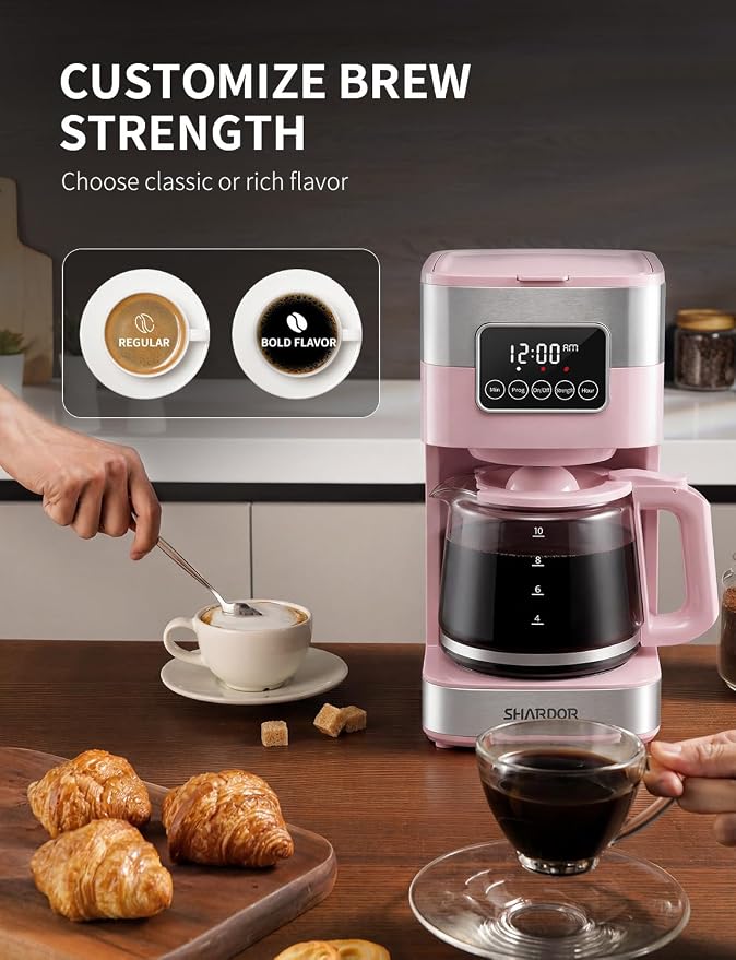 SHARDOR 10-Cup Programmable Coffee Maker, Regular & Strong Brew Drip Coffee Machine for Home and Office, Auto Shut Off, Permanent Filter (pink) - Image 4