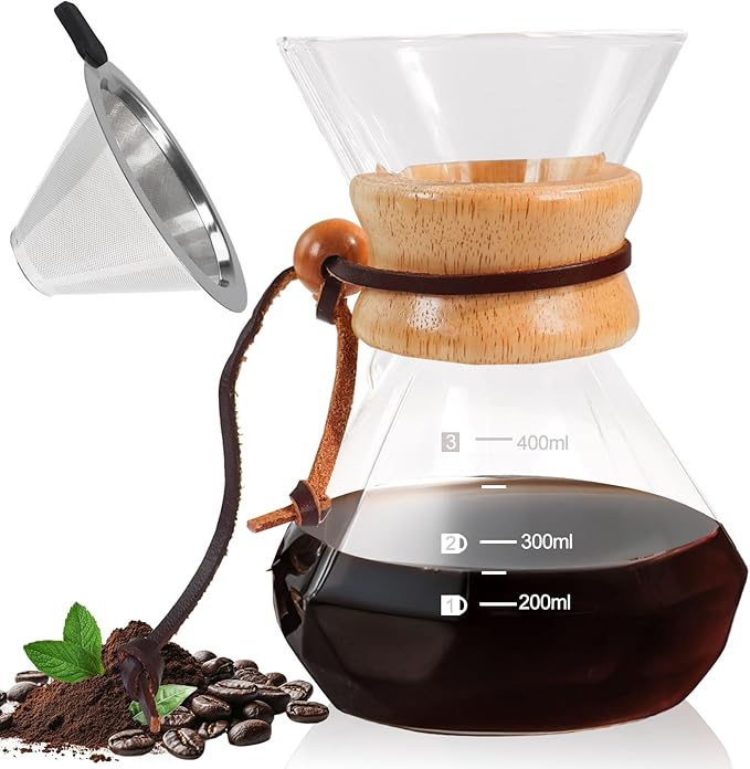 Pour Over Coffee Pot Set 400ml Features 304 Stainless Steel Filter Glass Coffee Pot with High Borosilicate Glass Duckbill Spout Design Solid Wood Handle Pour Over Coffee Drippers Daily Brewing