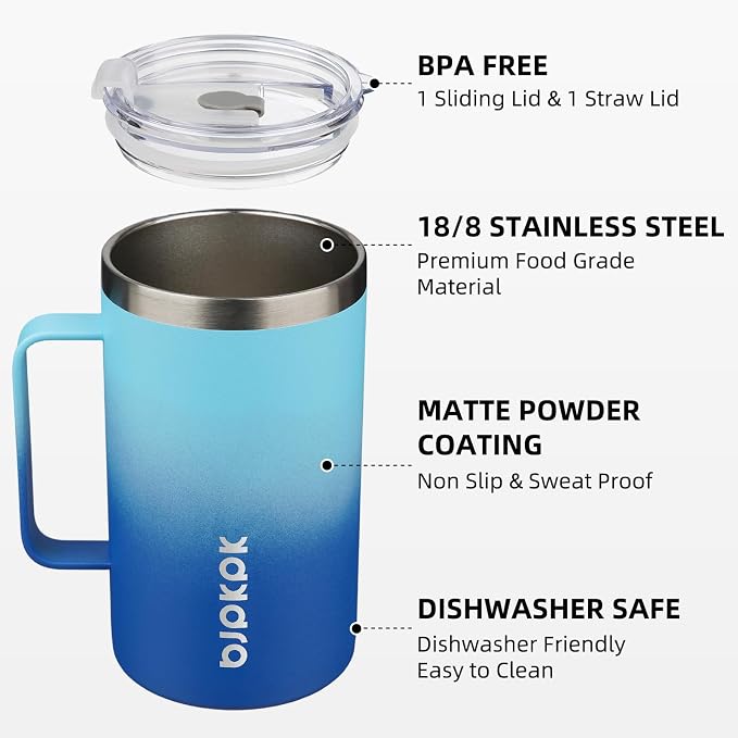 BJPKPK 25oz Insulated Coffee Mug with Handle, Stainless Steel Travel Mug | Keeps Drinks Hot & Cold, Double Wall Vacuum, 2 Lids Included, BPA-Free Coffee Tumbler for Home, Office & Travel - Image 2