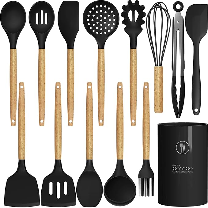 oannao Silicone Cooking Utensils Set Utensil Sets - 446°F Heat Resistant Silicone Kitchen Utensils Set Wooden Handles, Silicone Utensils for Cooking w Holder for Non-Stick Cookware BPA FREE (Black) by oannao