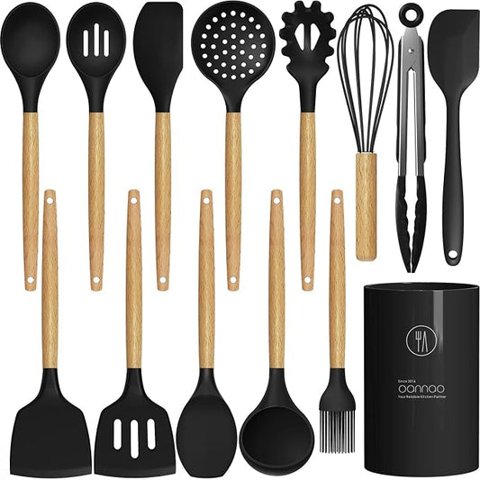 oannao Silicone Cooking Utensils Set Utensil Sets - 446°F Heat Resistant Silicone Kitchen Utensils Set Wooden Handles, Silicone Utensils for Cooking w Holder for Non-Stick Cookware BPA FREE (Black) by oannao