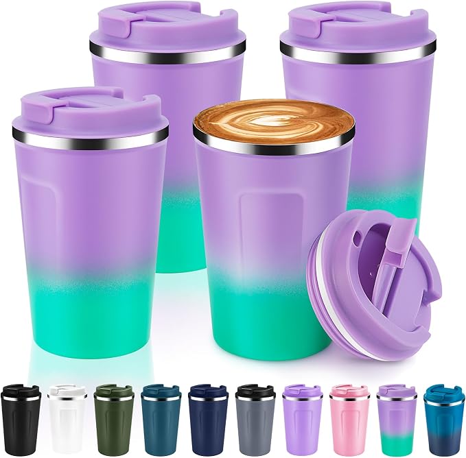 Volhoply 12 oz Double Wall Insulated Vacuum Travel Coffee Mug with Flip Lid Bulk 4 Pack,Reusable Stainless Steel Leak Proof Coffee Cup,Portable Thermal Tumbler for Hot&Cold Drinks(Purple Green,4 Set) by LiveFully%EF%BC%8CDrinkFreely%E2%80%94KeepGoingwithVolhoply%EF%BC%81