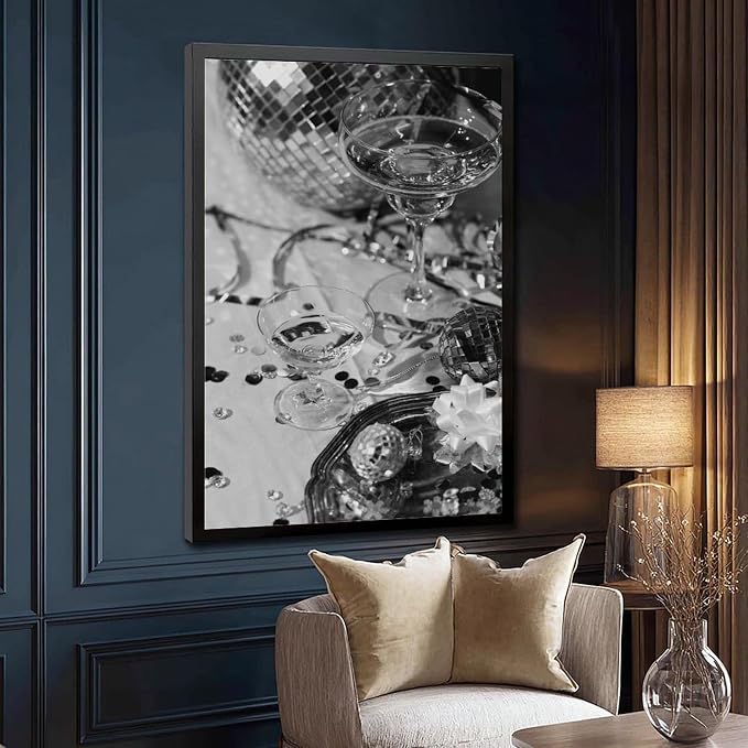 UXCBIA Disco Party, Champagne And Mirror Ball, Black And White, Wine Glasses Poster Canvas Poster Bedroom Decor Sports Landscape Office Room Decor Gift Black Frame 12x18in(30x45cm) - Image 3