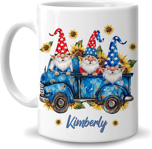 Hyturtle Personalized Gnome Sunflower Coffee Mug, 4th of July Mug | Gifts For Gnome Lovers - Patriotic Gnomes - Gnomies Gifts For Women - Custom Name 11oz White Ceramic Coffee Tea Cup by Hyturtle
